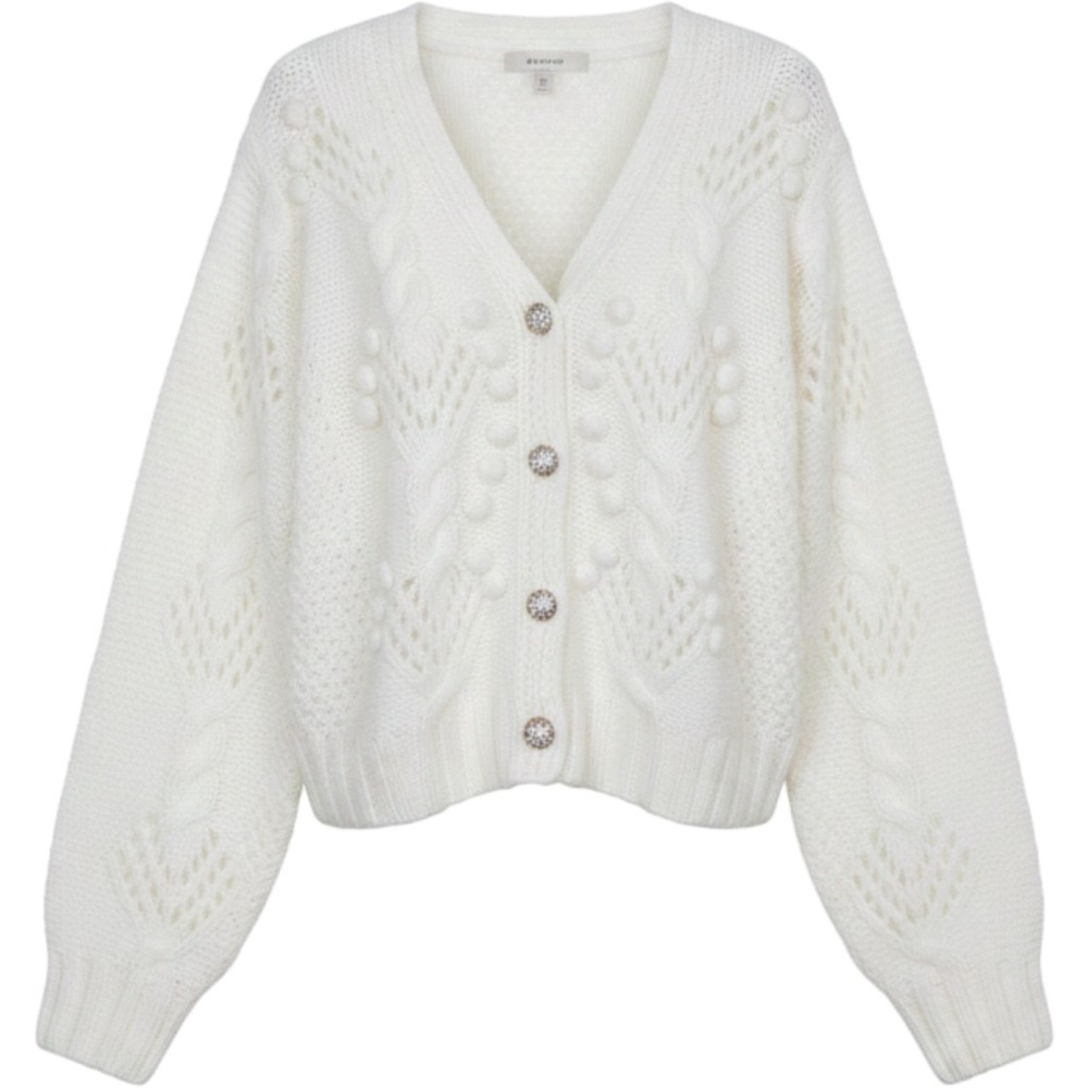 Cream Cable Knit Pom Pom Cardigan Sweater White Pointelle V-Neck Floral Buttons